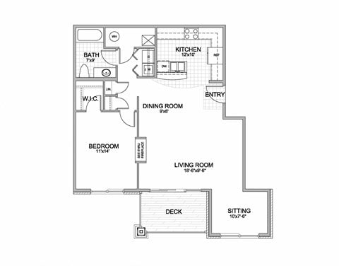 Floor plan for 1 bed, 1 bath, 962 sqft